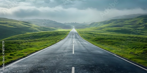 A road stretching out to the horizon symbolizing ambition and success. Concept Ambition, Success, Road to Victory, Long Journey, Path to Achievement