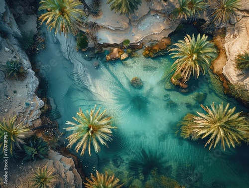 Aerial view of a Palm-fringed pools, desert vegetation, cooling waters, desert tranquility. 