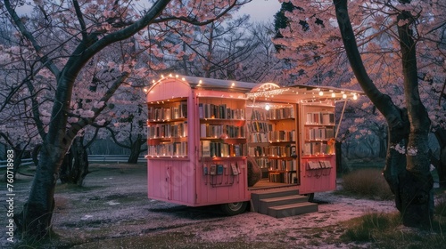 pink mobile library with fairylights, books, flowers, in a cherry blossom tree park, many cherry blossom trees in the background, , cherry blossom petals on the ground around the book mobile 