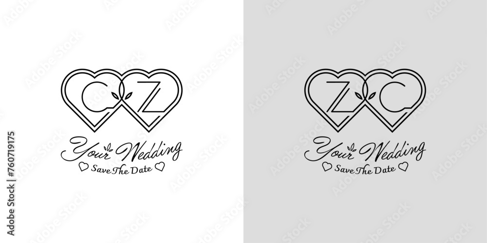 Letters CZ and ZC Wedding Love Logo, for couples with C and Z initials - obrazy, fototapety, plakaty 