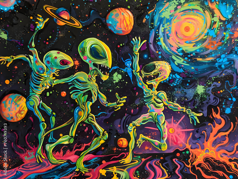 Cartoonish aliens playing in space, wide angle, vibrant colors, acrylic look Cartoonish aliens playing in space, wide angle, vibrant colors, acrylic look