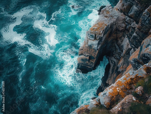 Aerial view of a Dramatic cliffs, crashing waves, seabird colonies, coastal vistas.  photo