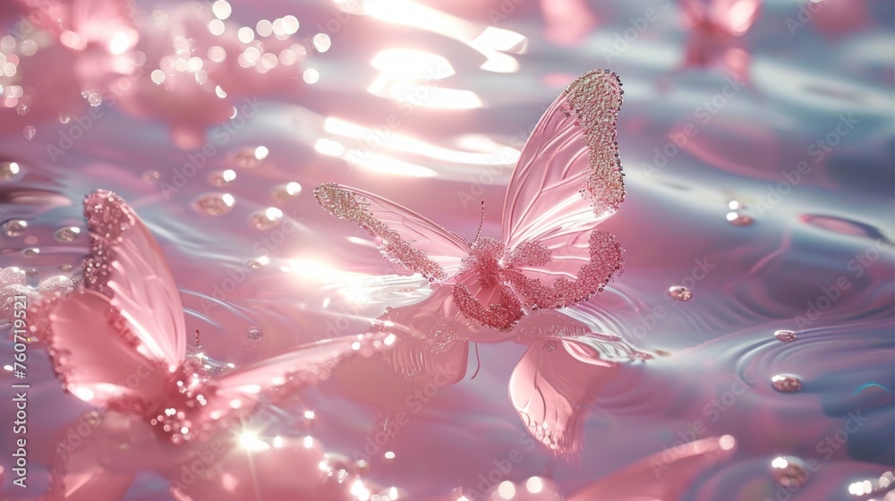 Pink butterflies flutter gracefully on the waters surface. Pink butterflies flutter gracefully on the waters surface.