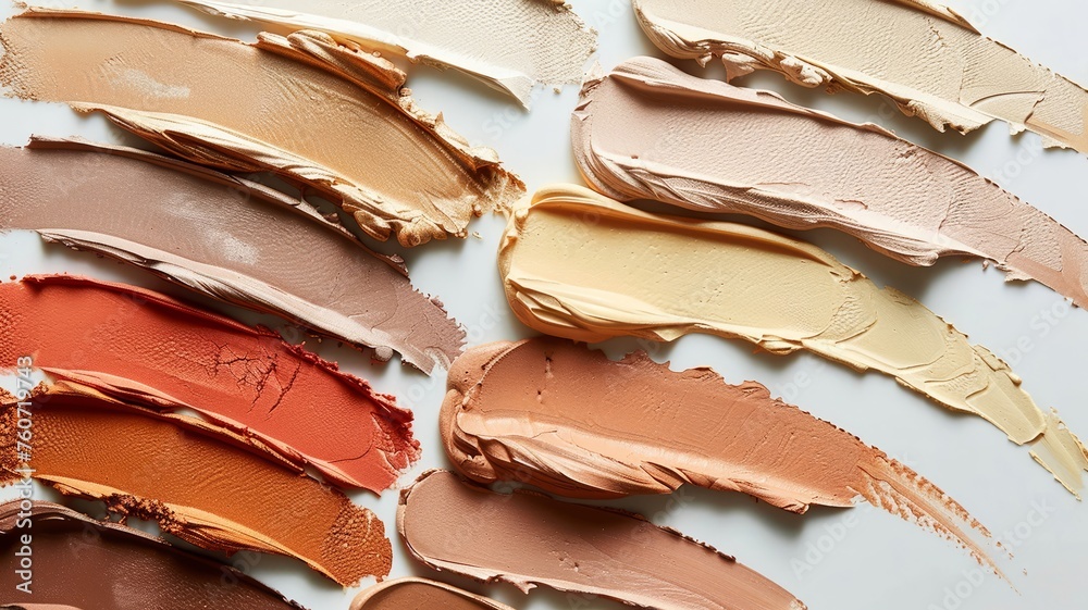 Swatches of creamy cosmetic shades on white surface Swatches of creamy cosmetic shades on white surface