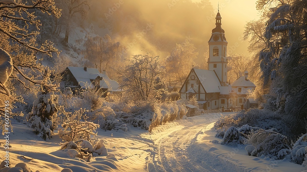 First light breaks over a peaceful, snowy village