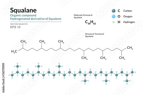 Squalane. Structural Chemical Formula and 3d Model of Molecule. C30H62. Atoms with Color Coding. Vector graphic Illustration for educational materials, scientific articles, and presentations