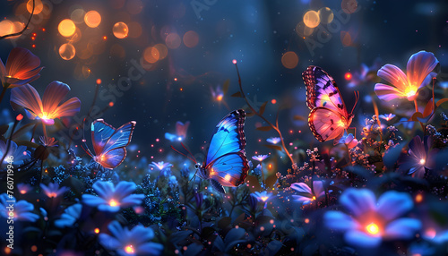 Colorful fantasy forest foliage at night, with glowing flowers and beautiful butterflies as magical fairies, and bioluminescent fauna as wallpaper background.