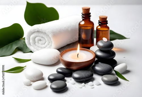 candles on wooden stands  several massage stones  small glass bottles  and green leaves on a white surface