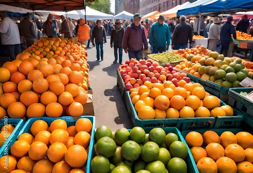 A colorful display of fresh oranges and other fruits at a bustling farmer s market  with vendors and shoppers in the background