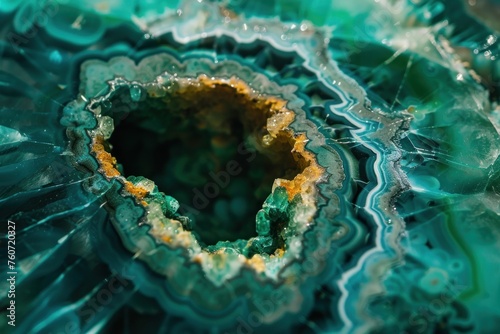Macro shot of a vibrant Chrysocolla crystal with layered concentric circles focusing on its intricate patterns. photo