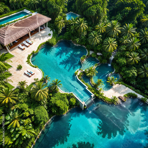 A drone shot of a luxury swimming pool in the jungle, jungle trees, waterfalls, luxury mansion and garden, blue water, summer paradise, summer vacation, travel inspiration, tropical island, holiday © aiximagination