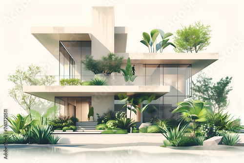 Illustration of a modern house surrounded by green space