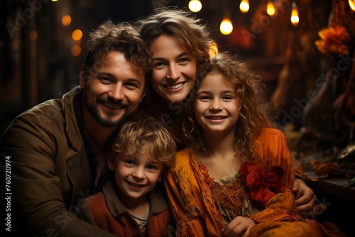 Family of four embracing joyfully in warm light