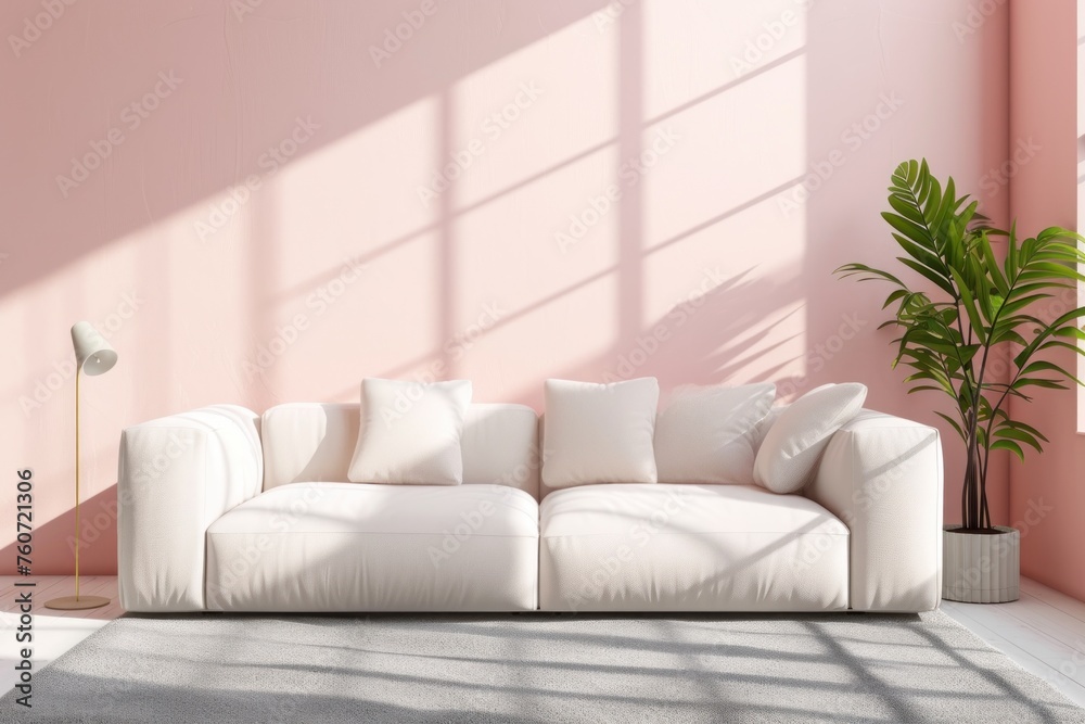 Fototapeta premium Minimalist living room with pastel pink walls, a modern white sofa, a potted fiddle leaf fig, and soft sunlight casting shadows. Place for text
