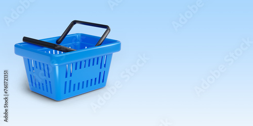 Blue plastic shopping or grocery basket from supermarket, on the light blue background. Advertising wide banner template. 3d render illustration