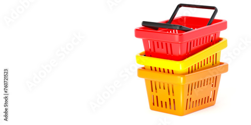 Stack of three plastic shopping or grocery basket from supermarket, on the white background. Advertising wide banner template. 3d render illustration