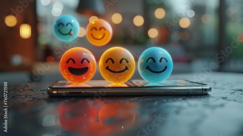 Joyful phone with floating smileys and chat bubbles