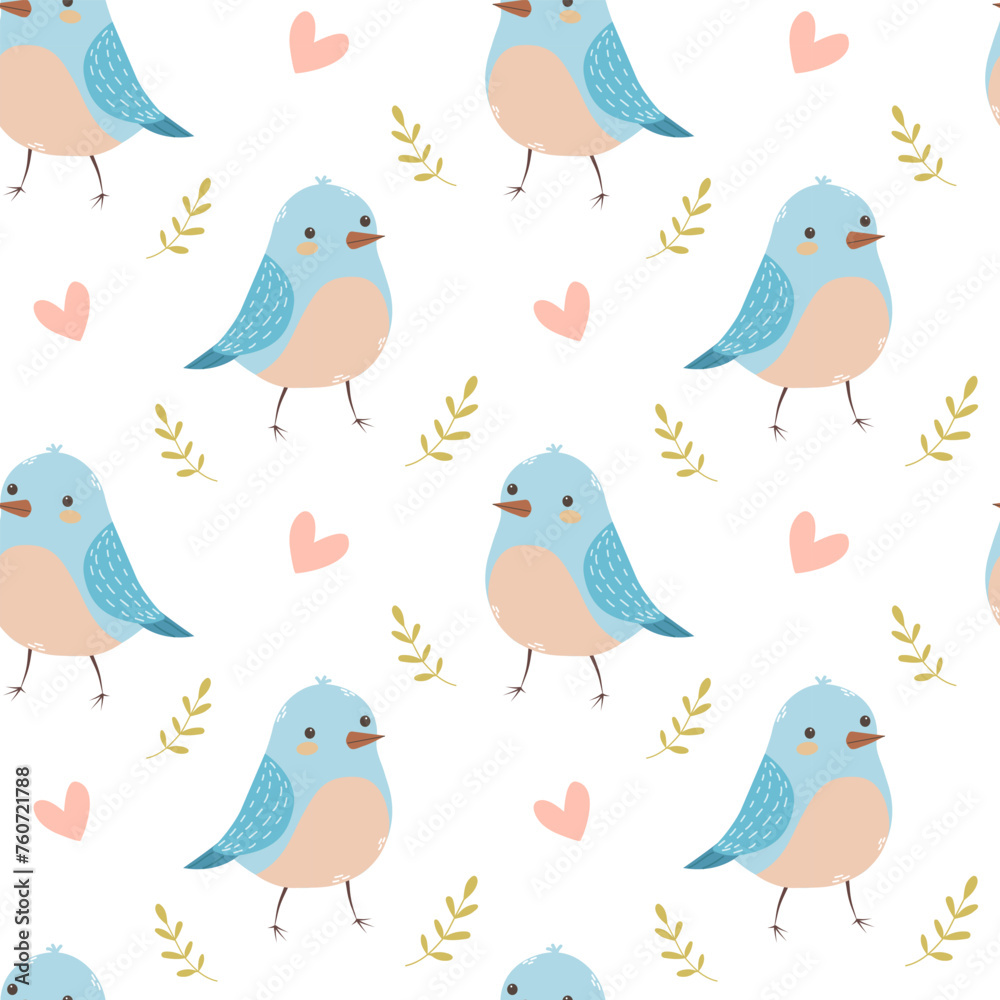 Cute birds and hearts seamless pattern on white background, spring illustration, flat vector