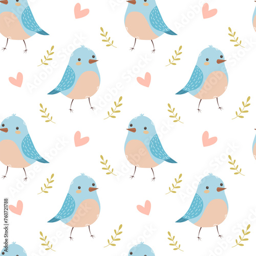 Cute birds and hearts seamless pattern on white background  spring illustration  flat vector