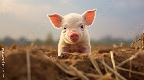 A happy little piglet in a meadow on a sunny day. Agricultural industry. Farming. Portrait of a cute piglet. © Cherkasova Alie