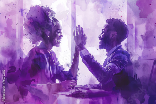 Purple watercolor of businesswoman giving a high five to male colleague in meeting
