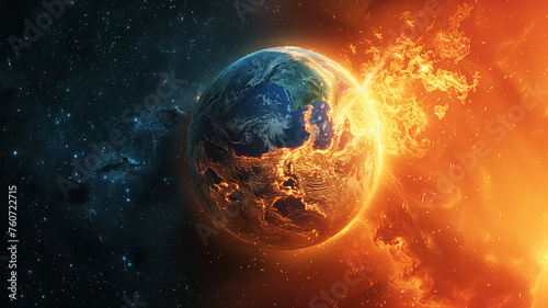 Earth on fire next to space.