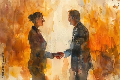 Brown watercolor of Businesswoman shaking hands with colleague in meeting