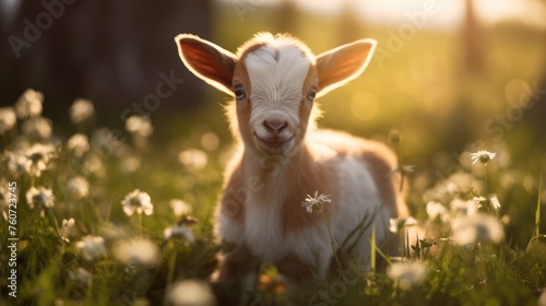 A happy little goat or lamb in a meadow on a sunny day. Agricultural industry. Farming.
