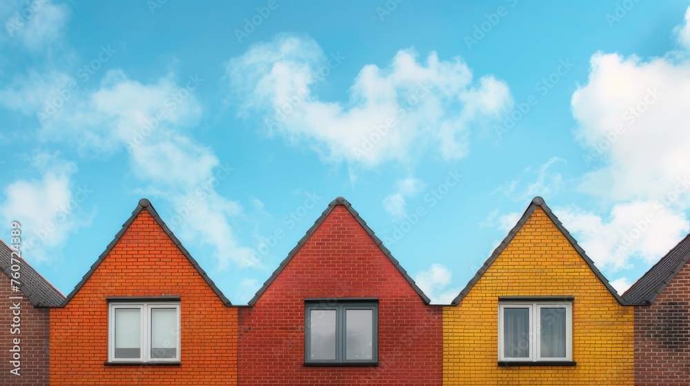 Row of brick houses standing adjacent, each displaying a unique hue of red brick against a backdrop of clear blue sky, viewed from a flat perspective. The houses are uniform in design Row of brick houses standing adjacent, each displaying a unique hue of red brick against a backdrop of clear blue sky, viewed from a flat perspective. The houses are uniform in design