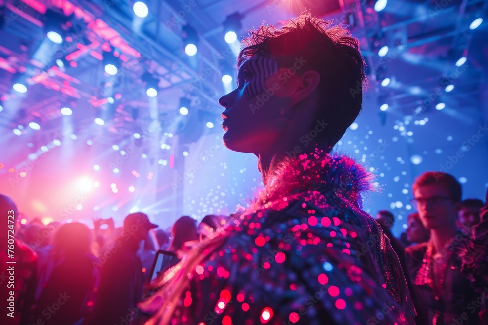 Profile of a person with artistic makeup and glowing attire, immersed in the vibrant atmosphere of a neon-lit event. Profile of a person with artistic makeup and glowing attire, immersed in the vibrant atmosphere of a neon-lit event.