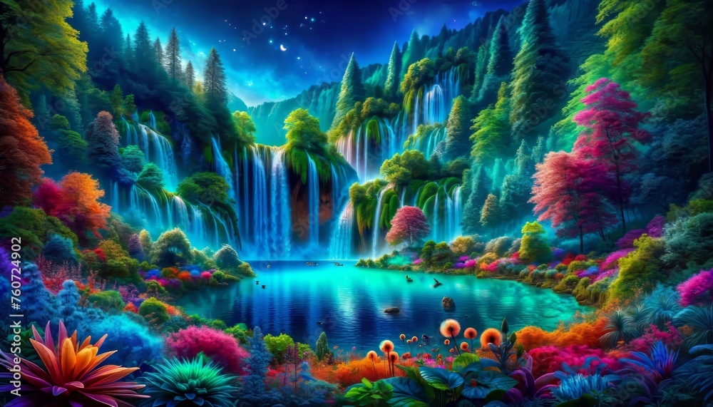 Step into an enchanting nature haven, where waterfalls stream into a serene lake surrounded by colorful flora in a fantasy landscape.