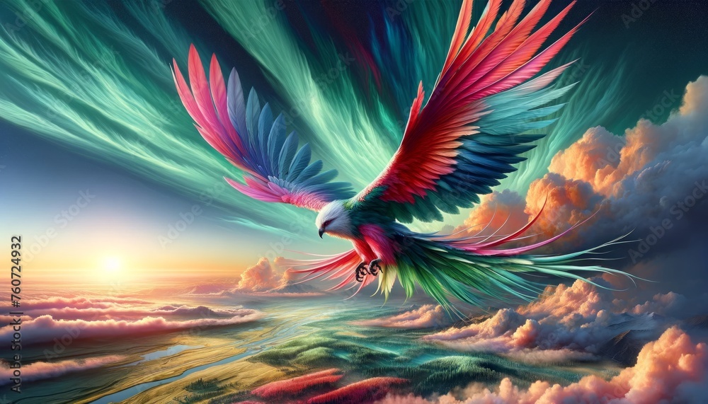 A majestic bird takes flight against a stunning sunset, its feathers a colorful brushstroke across the tranquil sky.