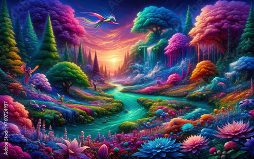 A mesmerizing fantasy vista where colorful waterfalls cascade into a winding river, amidst a sunset-kissed flora-laden landscape.