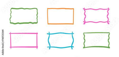 Hand-drawn colorful doodle frames. Set of the vector text boxes. Simple doodle rectangle pencil frame border shape. Hand-drawn doodle scribble border element for text quote template. 
