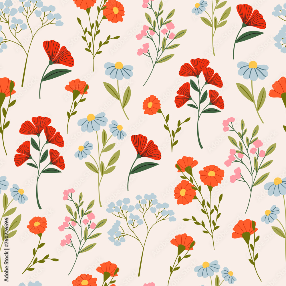 Floral semless pattern vector flat illustration. Blooming flowers.
