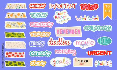 Daily or Weekly planner stickers vector flat illustration. Quotes and phrases for notebook or diary.