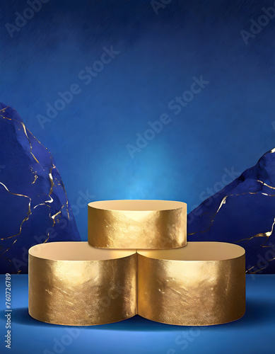 Marble rock podium mockup for products, indigo, blue background. Podium mockup for natural products  © Amber Fox