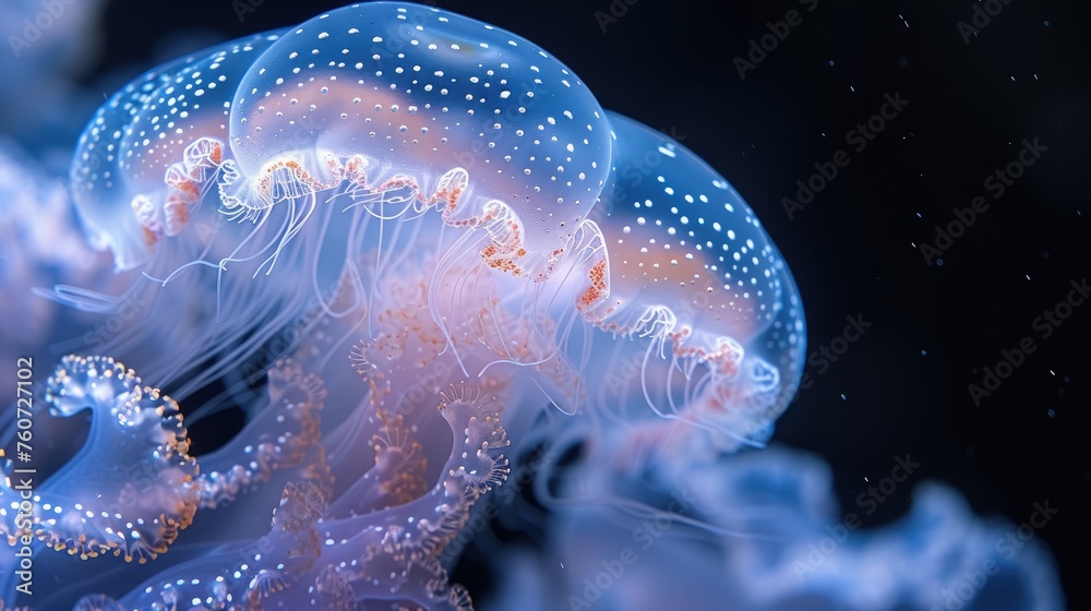 Blue spotted jellyfish gracefully floating in the deep sea, displaying their translucent beauty and bioluminescence. Blue spotted jellyfish gracefully floating in the deep sea, displaying their translucent beauty and bioluminescence.