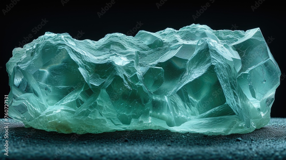 Obraz premium Macro photography of a jagged green crystal formation, highlighting its translucent textures and geometric patterns.