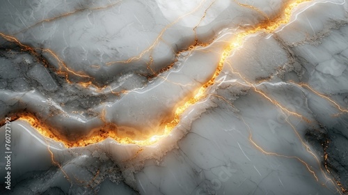 Warm light seeping through the golden cracks in a slab of white marble, emphasizing its luxurious and intricate patterns. photo