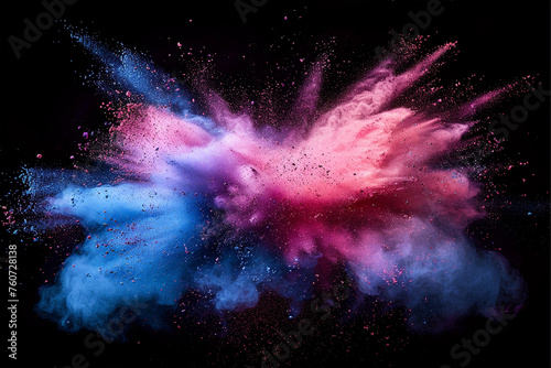 Colored powder explosion on a white background. Abstract closeup dust on backdrop. Colorful explode.