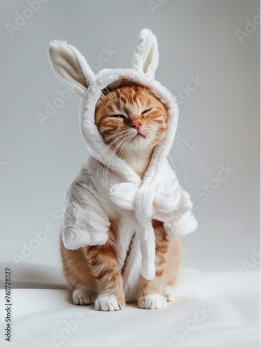 A cat dressed in a cute bunny costume appears content and cozy