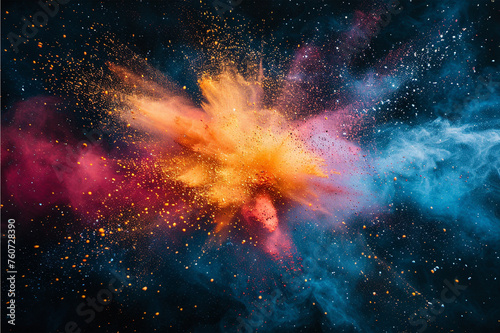 Colored powder explosion on a white background. Abstract closeup dust on backdrop. Colorful explode. © waqar