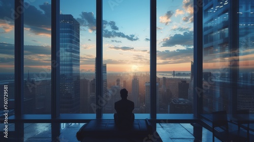 Silhouette of a man meditating in a yoga pose against a panoramic window overlooking the city