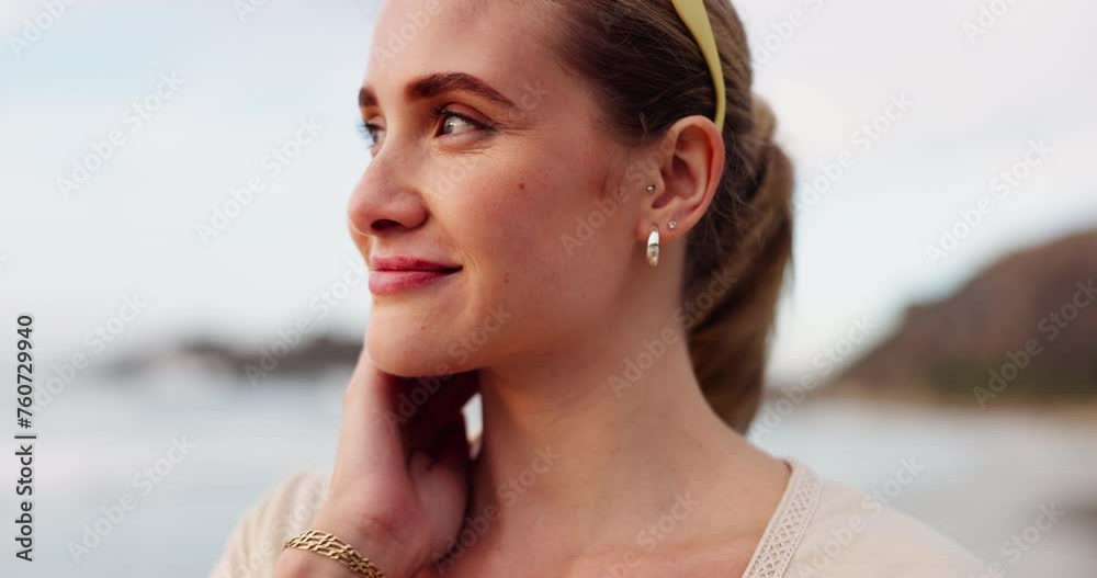 Face, smile and thinking with woman at beach in summer for travel, vacation or holiday at tropical location. Nature, sunshine and inspiration with happy young tourist at coast by ocean for getaway Face, smile and thinking with woman at beach in summer for travel, vacation or holiday at tropical location. Nature, sunshine and inspiration with happy young tourist at coast by ocean for getaway
