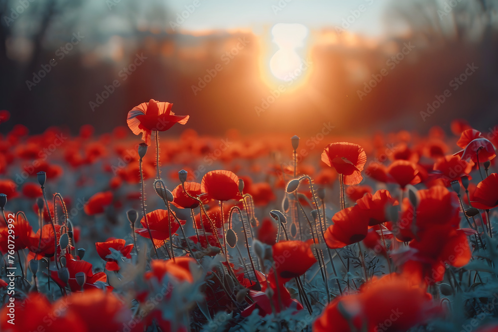 Obraz premium A stunning sunrise over a field of red poppies, showcasing the beauty of nature and countryside scenery.