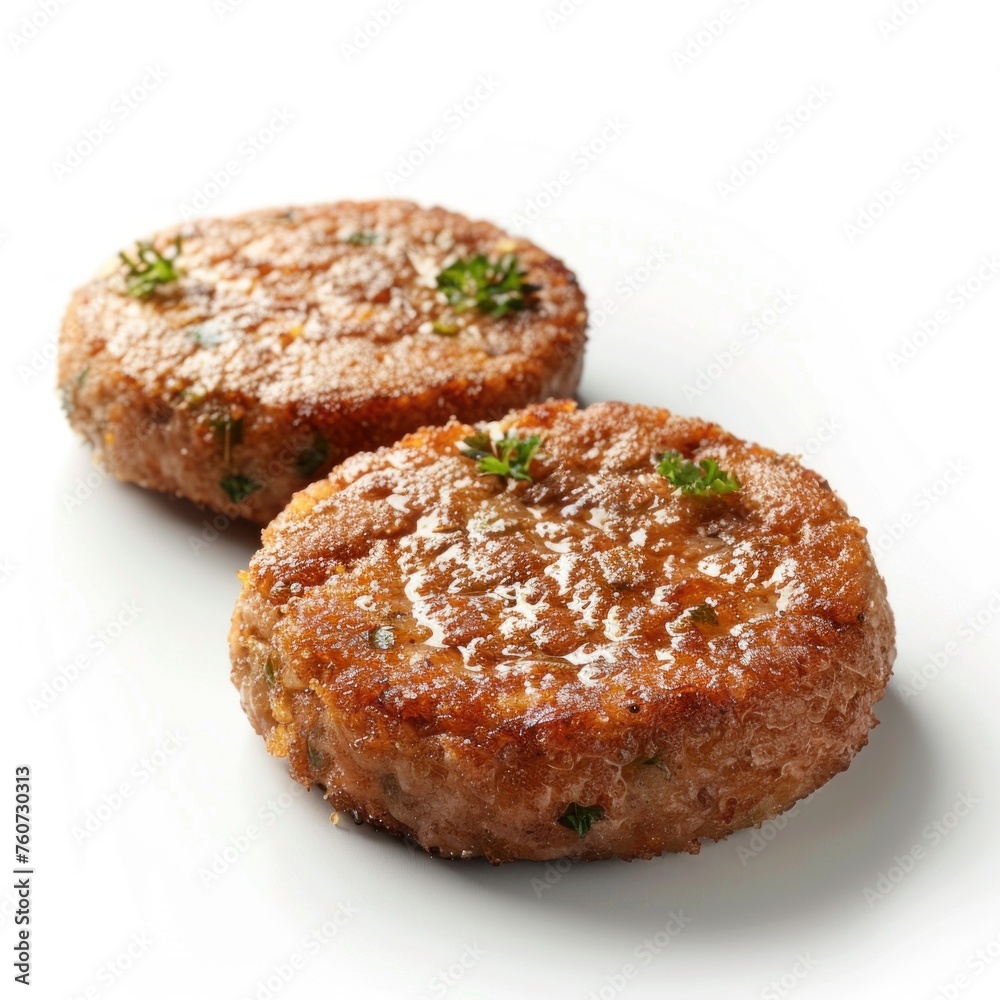 Two browned meat patties garnished with parsley on a white background. Two browned meat patties garnished with parsley on a white background.