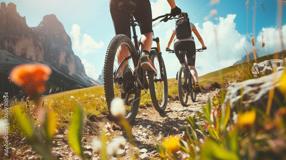Fototapeta premium Couple cycling on electric bike, rides mountain trail