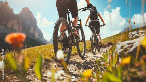 Couple cycling on electric bike, rides mountain trail © sundas