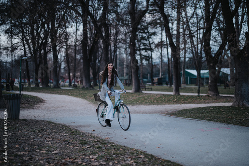 A woman cycles along a tranquil park path surrounded by trees, embodying a sense of freedom and leisure.